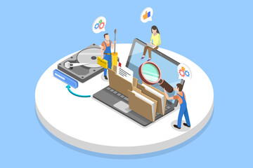 3D Isometric Flat Vector Illustration of Data Recovery Service, Backup and Protection, Hardware Repair - 779917357