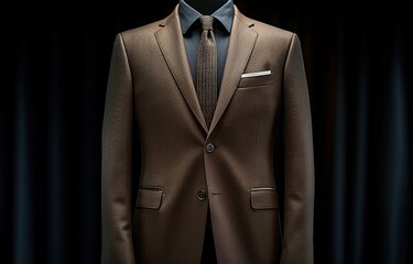 brown suit with tie and shirt inside displayed on the mannequin on a dark background