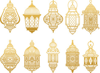 Moroccan lanterns clipart. Arabian lamp pattern. Arabic golden ornament