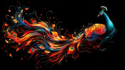 A colorful peacock with swirly feathers on a black background. A magical creature made of fire. - obrazy, fototapety, plakaty