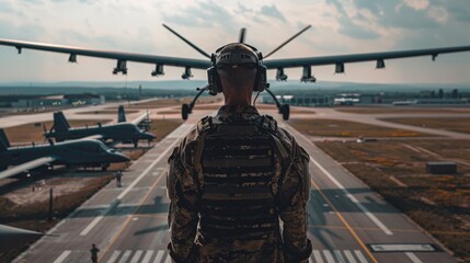A man in military uniform looking at a plane on runway, AI