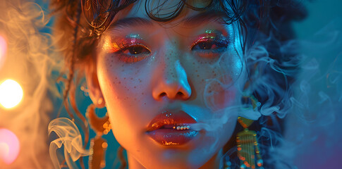 Closeup art fashion portrait of beautiful Asian woman with colorful braids in neon colors smoking