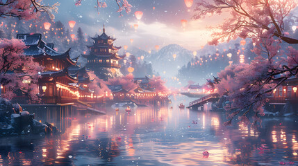 The image features a beautiful Japanese village surrounded by water, lit by lanterns. The sky is dark, and snow is falling, creating a serene atmosphere. The village is nestled among cherry blossom tr - obrazy, fototapety, plakaty