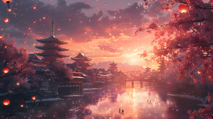 The image features a beautiful Japanese village surrounded by water, lit by lanterns. The sky is dark, and snow is falling, creating a serene atmosphere. The village is nestled among cherry blossom tr