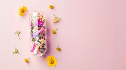 Dietary supplements concept a pill capsule with flowers and herbs inside the capsule, pastel pink background high quality . - obrazy, fototapety, plakaty