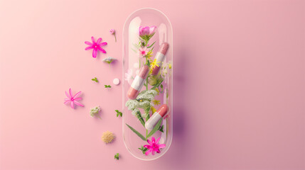 Dietary supplements concept a pill capsule with flowers and herbs inside the capsule, pastel pink background high quality . - obrazy, fototapety, plakaty