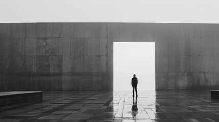 A person standing in a large open area with fog, AI