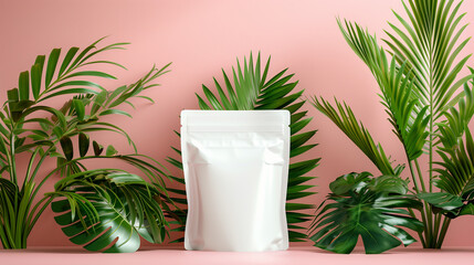 white blank pouch package daypack mockup palm and banana leaves  with pastel pink background - Powered by Adobe