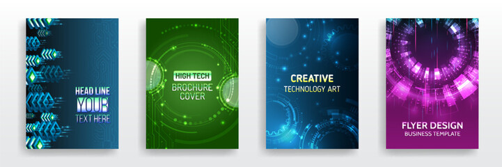 Set of high-tech covers for marketing. Modern technology design for posters. Futuristic background for flyer, brochure. Scientific cover template for presentation, banner. - obrazy, fototapety, plakaty