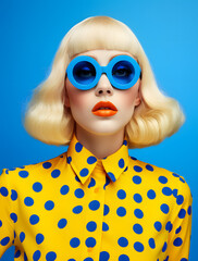 Fashion portrait of blonde woman with bold eye makeup in outfit with polka dots in yellow and blue colors