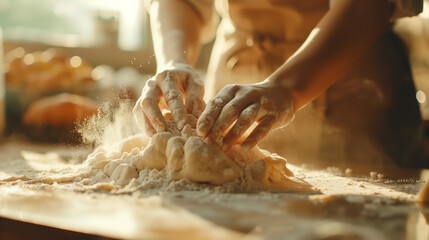 Cook hands kneading dough, sprinkling piece of dough with white wheat flour.