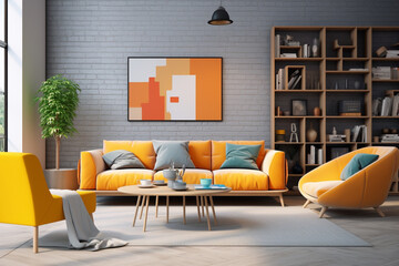 A stylish Scandinavian living room with a pop of bright colors, minimalist furnishings, and a fresh, contemporary design, captured in HD.