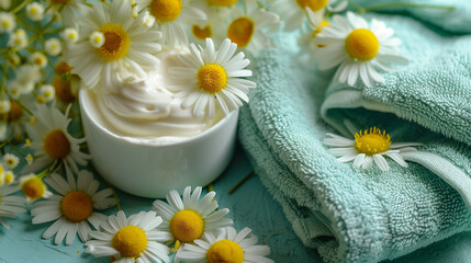 Obraz na płótnie Canvas Jar of camomile face cream with camomile flowers with copy space