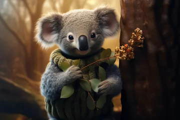 Fototapeten A sweet baby koala wearing a knitted sweater and holding a eucalyptus branch, nestled in a tree. © Hafsa