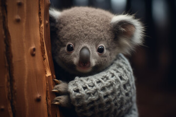 A sweet baby koala wearing a knitted sweater and holding a eucalyptus branch, nestled in a tree.