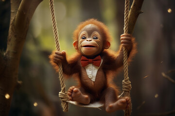 A sweet baby orangutan wearing a knitted sweater and a bowtie, swinging from tree to tree.
