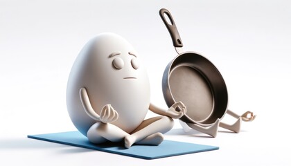 Egg and frying pan practicing yoga, humorously representing breakfast prep.