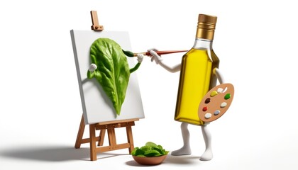 Olive oil bottle and salad leaf paint a portrait, showcasing salad dressing artistry.
