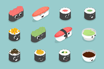 3D Isometric Flat Vector Set of Various Sushi, Rolls and Nigiri Funny Characters, Japanese Traditional Cuisine - 779919340