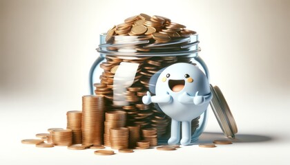 Savings jar and coins reach full capacity, representing financial goal achievement.