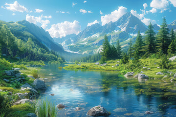 Lake in the mountains, beautiful view. Created with Ai