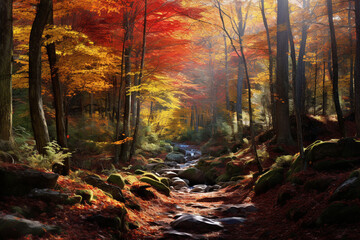 A symphony of colors beneath the towering trees autumn leaves in the forest.