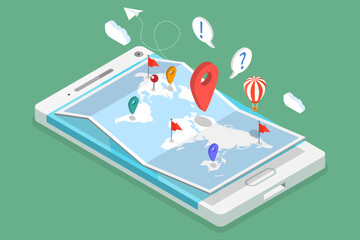 3D Isometric Flat Vector Illustration of GPS and Navigation, Mobile Map Apps