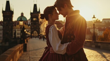Lifestyle portrait of Medieval young couple showing love at sunrise in Prague city in Czech...
