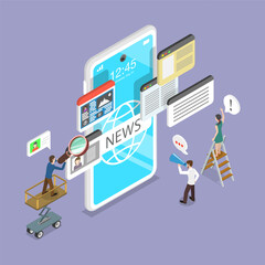 3D Isometric Flat Vector Illustration of Online News Mobile App, Internet Press or Web Articles