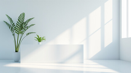 Bright room with sunlight casting shadows on a white wall featuring green potted plants.