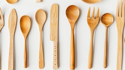Eco-friendly bamboo kitchen utensils on a neutral background