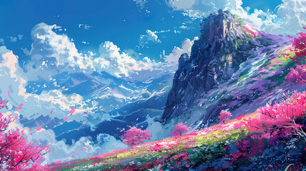Fototapeta na wymiar Mountain nature anime illustration, manga, lofi, house, spring