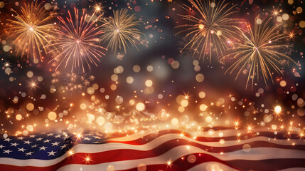 4th of July celebration with US flag and fireworks, American Independence Day, patriotic holiday theme