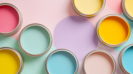Open Cans with Paint Wallpaint Various Colors: Pink, Lavender, Yellow on Pastel Background for Creative Design and Decoration - Renovation Concept Wallpaper with Copy Space. Top View Flat Lay