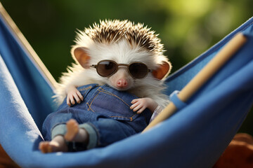 A tiny baby hedgehog wearing a denim jacket and sunglasses, relaxing on a tiny hammock. - obrazy, fototapety, plakaty