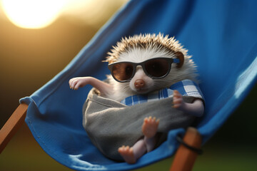 A tiny baby hedgehog wearing a denim jacket and sunglasses, relaxing on a tiny hammock.
