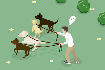 3D Isometric Flat Vector Illustration of Professional Pet Walk Service, Taking Care of Home Animals