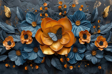 3d wallpaper blue butterfly with golden flowers and leaves on dark background wall mural. Created with Ai