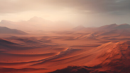Fototapeta na wymiar Desert landscape. Fantastic landscape on surface of planet Mars. Panorama of sunset in sand dunes, canyon, valley, mountains. Concept banner for exploring lifeless distant planets. Extreme tourism. 