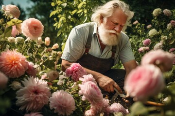 Dedicated Senior gardener pruning flowers in garden. Elderly man cutting blooming plants in backyard. Generate Ai