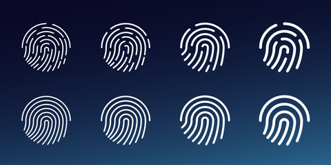 User finger scan icon set. Fingerprint touch biometric id symbol. Modern account thumbprint identification security sign collection. User recognition scanner badge. Glowing linear vector eps logo