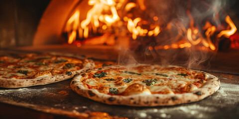 Authentic Italian Pizzas Cooking in a Traditional Wood Fired Oven