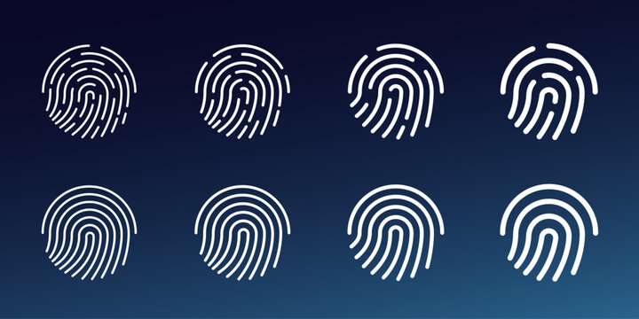 User finger scan icon set. Fingerprint touch biometric id symbol. Modern account thumbprint identification security sign collection. User recognition scanner badge. Glowing linear vector eps logo