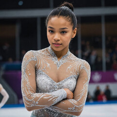 Stunning high-resolution photographs of a young multiracial figure skater preparing to take to the ice capture the excitement and emotion. Sports concept