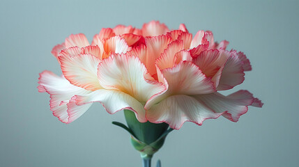Pink and white carnation with a soft background. Single flower close-up for greeting card and botanical illustration.