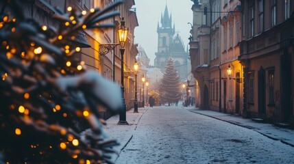 Holiday decoration in street with beautiful historical buildings in winter with snow and fog in...