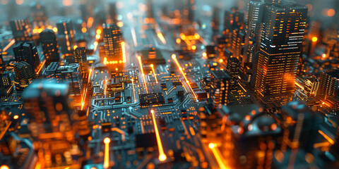 3d illustration of a futuristic micro chips city at night. Computer science and electronics background concept.