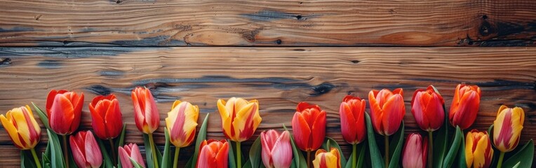 Vintage Tulip Blossoms Border Frame on Wooden Background - Spring/Summer Floral Design in Vintage Colors