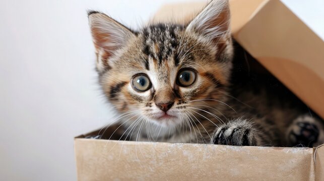 an adorable photograph of a cat comfortably nestled inside a box on a clean white background, highlighting the feline's playful curiosity and love for cozy spaces.