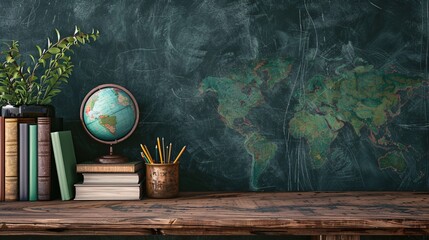 a globe and books on a table - obrazy, fototapety, plakaty